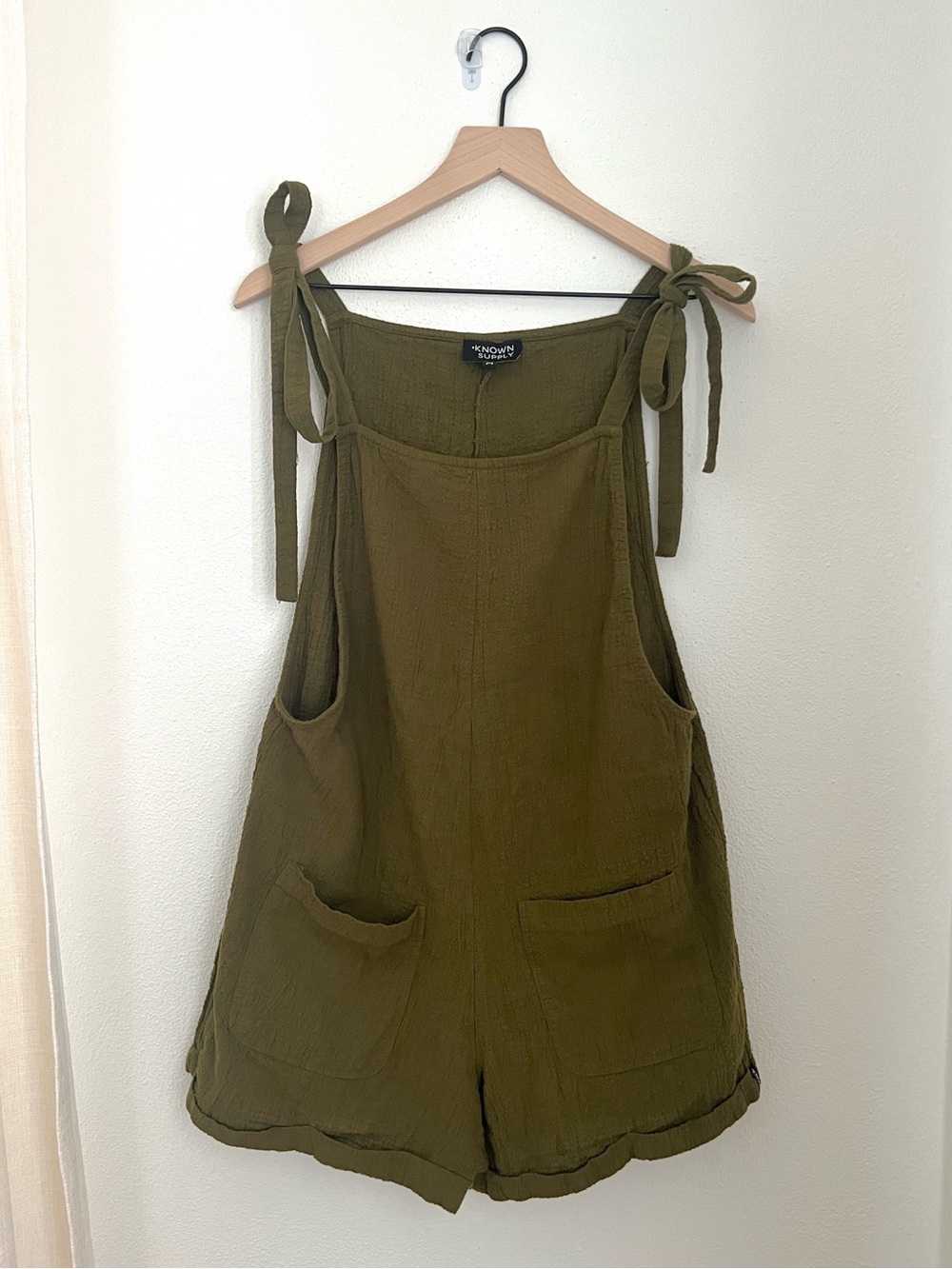 Known Supply Olive Tie-Shoulder Linen Blend Romper